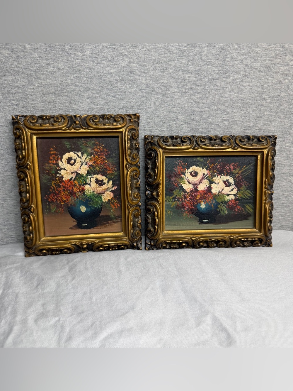 Vtg Mid-century Miniature Floral Oil Paintings Heavy Ornate Gold Gilt Frames Two
